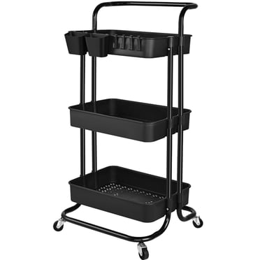 Chariot Utilitaire Roulant en Métal à 3 Niveaux, Chariot de Rangement de Cuisine avec 2 Tasses Suspendues Supplémentaires et 4 Crochets