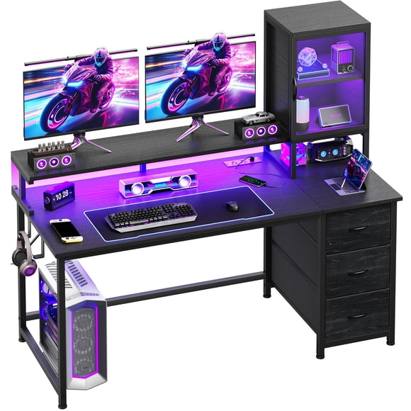 Exenoray Computer Desk with Drawers & Shelves, Home Office Desk with LED Lights and Power Outlet, 19.7" W x 55.1" D x 52.6" H Desk with Monitor Stand, Black