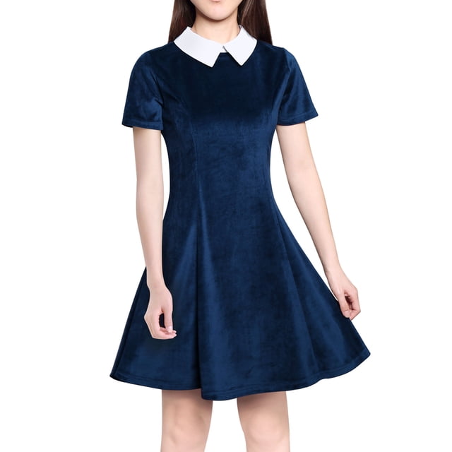 INSPIRE CHIC Robe Trapèze à Manches Courtes Contrastées avec Col pour Femme P Bleu