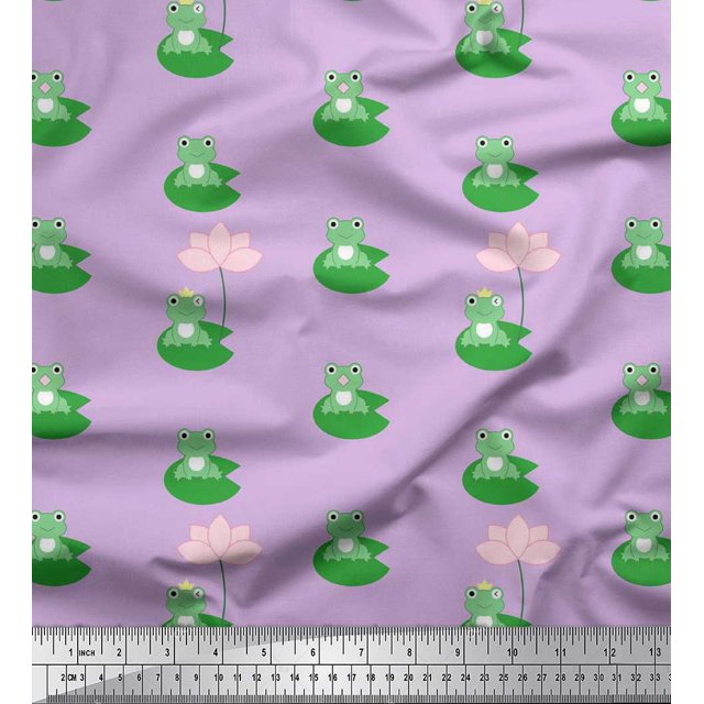 Soimoi Poly Crepe Fabric Lotus & Frog Kids Print Fabric by Yard 52 Inch Wide
