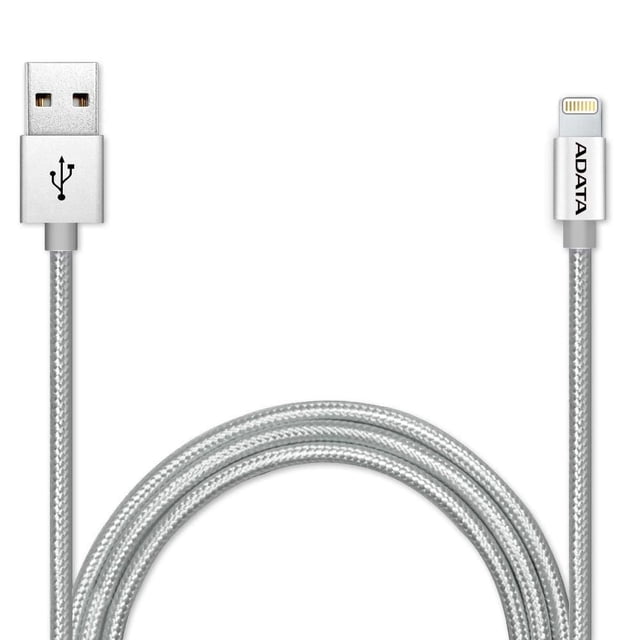 ADATA LIGHTNING CABLE ALUMINIUM SILVER with a coiled silver braided Lightning to USB-A 2.0 cable featuring Apple MFi-certified connector and ADATA branding, designed for fast charging and syncing Apple devices, also suitable for organized storage with included cable tie.