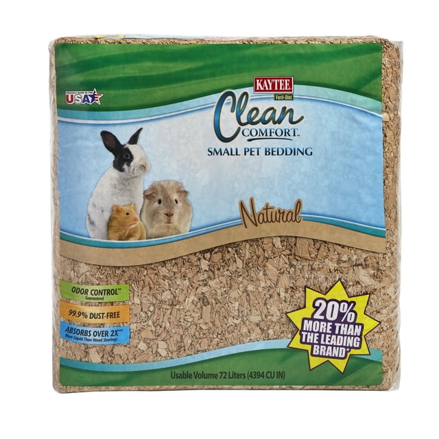 Kaytee Forti-Diet Clean Comfort Natural Bedding in a clear plastic bag containing light brown shredded paper bedding designed for small pets such as rabbits, guinea pigs, and hamsters, featuring odor control, 99.9% dust-free material, and 20% more absorbency than wood shavings with a usable volume of 72 liters, also suitable for reptile bedding and small animal habitats.