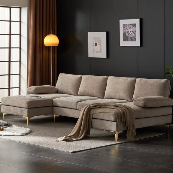 Ktaxon Sectional Sofa Set, 110" U-Shaped Chenille Couch, 4 Seat Lounge Sleeper with Double Chaise for Living Room Camel Color