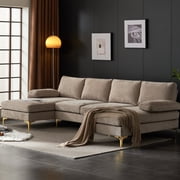 Ktaxon Sectional Sofa Set, 110" U-Shaped Chenille Couch, 4 Seat Lounge Sleeper with Double Chaise for Living Room Camel Color