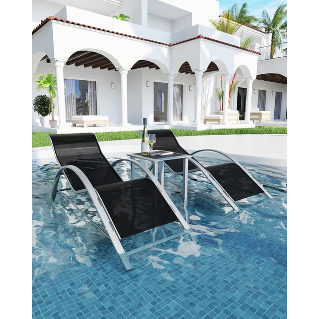 QinaQin Three-Piece Patio Lounge Chair Set, Outdoor Pool Lounge Chairs with Backrests - All-Weather Rattan Sun Loungers, with Side Table and Cup Holder, for Poolside, Beach, Patio, and Balcony