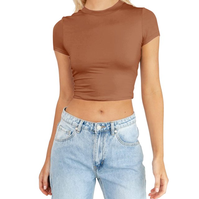 JIRNDf Hauts pour Femmes T-Shirts d'Été Tendance Mode Manches Courtes Mignon Court Basique Col Rond Coupe Ajustée Blouse pour Femmes Tunique Décontractée Hauts Brun m
