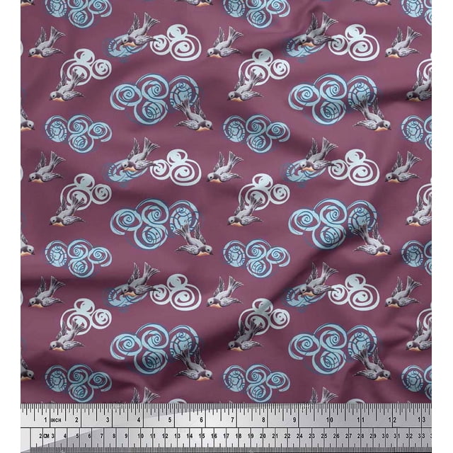 Soimoi Poly Georgette Fabric Clouds & Bullfinch Bird Decor Fabric Printed Yard 42 Inch Wide