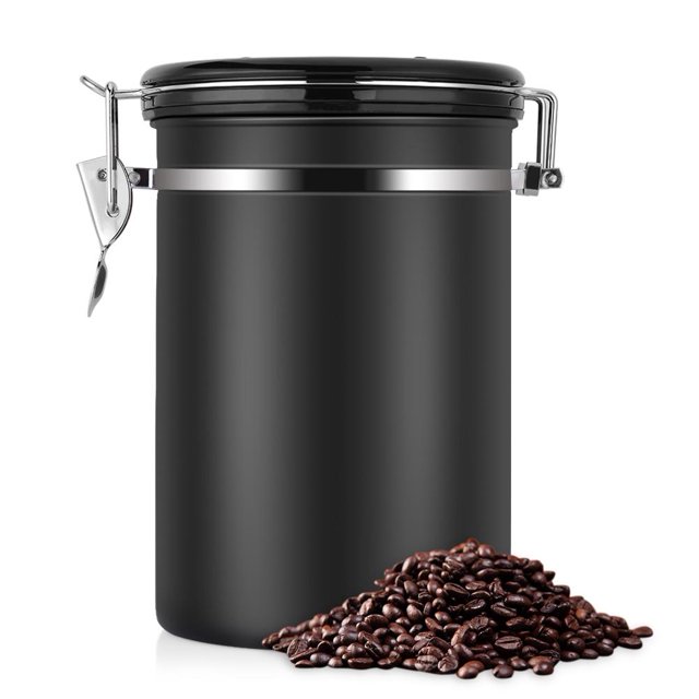 Garosa Coffee Container Large Airtight Stainless Steel Black Kitchen Storage Canister for Coffee, designed for airtight food storage with a 1.8L capacity. Made of durable 304 stainless steel, it features a silicone ring for sealing and a one-way gas valve to maintain freshness. The lid includes a time compass for tracking storage duration. Ideal for coffee beans, grounds, tea leaves, nuts, grains, flour, and sugar, perfect for kitchen organization.