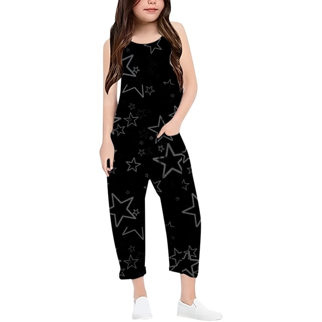 Girls Overall Star Print Jumpsuits Rompers for Girls Spaghetti Strap Rompers with Pockets Cute Outfits for Girls 5-6 Y
