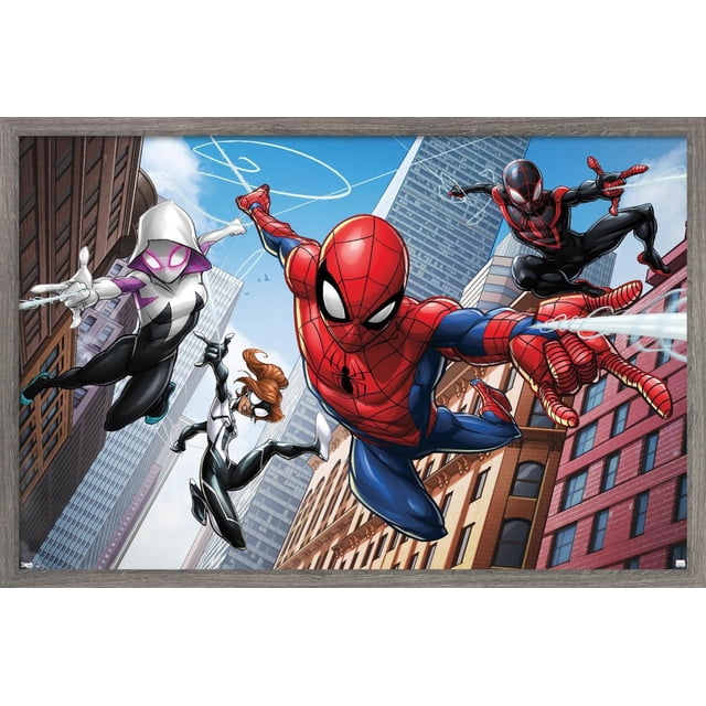 Marvel Comics - Spider-Man - Web Heroes Wall Poster, 22.375" x 34" framed poster showing Spider-Man in his red and blue suit swinging through a cityscape with tall buildings. Accompanied by Spider-Gwen in white and black, Spider-Woman in black and white with brown hair, and Miles Morales in black and red. The satin finish poster includes a sawtooth hanger for easy wall mounting, suitable for bedrooms, offices, dorms, or themed party decor.