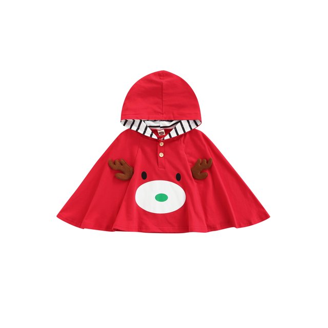 Faithtur Children's Cloak Neckline Button Christmas Cartoon Elk Hooded Cloak