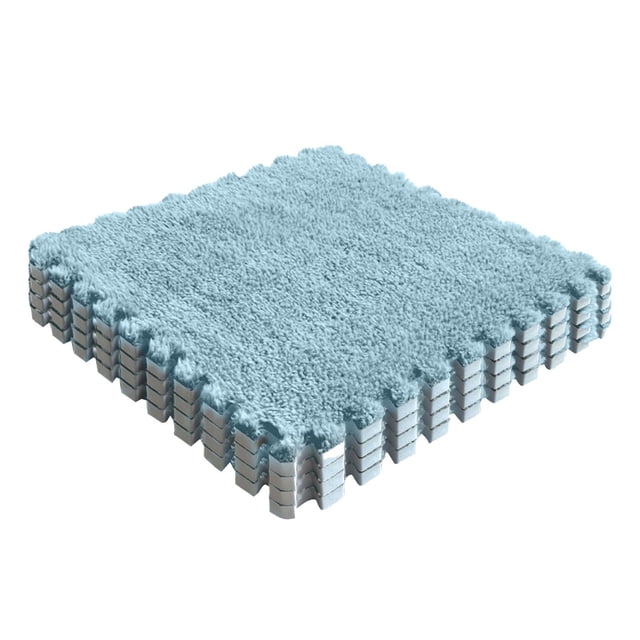Cagogo under $5 Foam Puzzle Floor Mat with interlocking foam tiles and a 1cm thick suede surface in light blue. The plush, non-slip mat is designed for children's crawling safety, bedroom carpets, or home gym use. Features include firm splicing, easy cleaning, and storage. Suitable for living rooms, bedrooms, or play areas.
