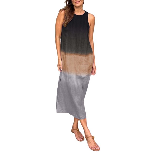 WTXUE Robe Longue Sans Manches en Coton et Lin avec Fente, Dégradé Teinture sur Nœuds, Coupe Décontractée, Robes (Femmes) Taille 16