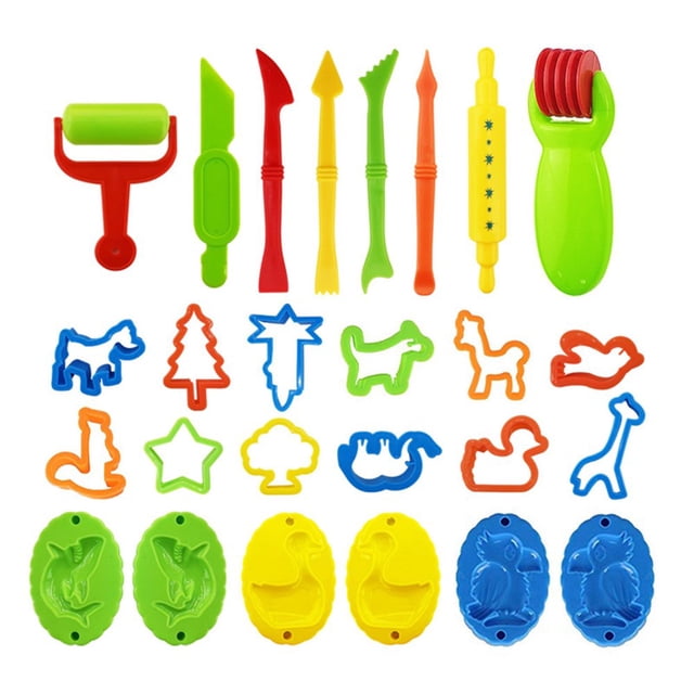 29 Pieces Play Dough Tools Playdough Accessories Set featuring various molds, rollers, and cutters in random colors. Includes animal-shaped cutters, tree molds, and textured rollers, ideal for children’s arts and crafts activities and as an educational gift. Clay or dough not included.