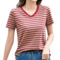 thumbnail image 1 of Women's Striped Retro Top Korean Style Full Loose Round Neck Short Sleeve Design Sense Color Contrast T Shirt, 1 of 4