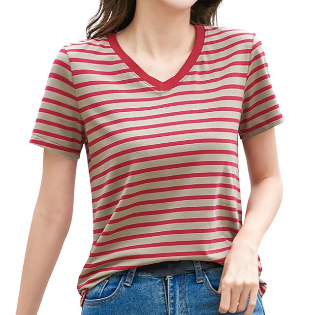 Women's Striped Retro Top Korean Style Full Loose Round Neck Short Sleeve Design Sense Color Contrast T Shirt