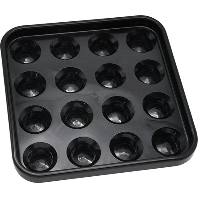 Milisten Billiard Balls Holder Table Pool Balls Tray made of durable black plastic, designed to securely hold and organize billiard balls. The tray features 16 circular slots for standard billiard balls, measuring approximately 25x25x4 cm. Ideal for use in billiard rooms, clubs, or at home, it ensures easy storage and organization of balls when not in use.