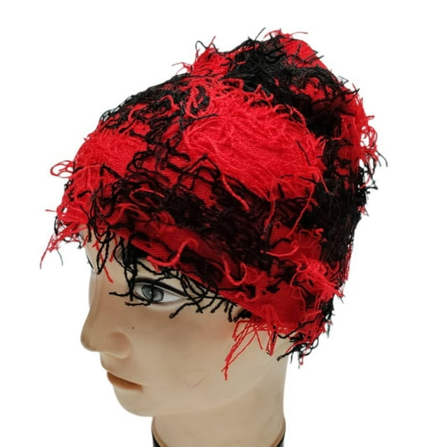 Unisex Cap Club Cosplay Hat Ripped Short Hair Camouflage Color Matching Elastic Beanie Hand Made Windproof Warm Knitted Hat