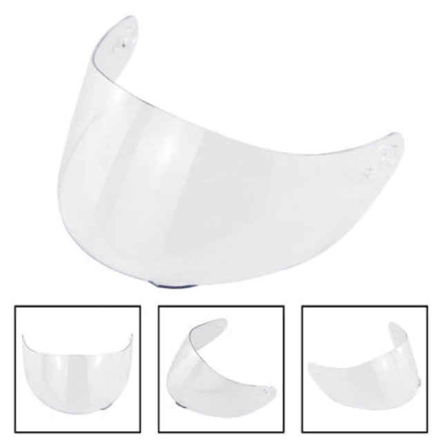 FlyFlise Motorcycle Wind Shield Helmet Lens Visor Full Face Replacement for Moto Helmet. A clear, full-face visor made of durable PC material, designed as a replacement for K3SV and K5 helmets. Features anti-UV, anti-fog, and anti-scratch treatment. The visor measures 420mm in upper length, 400mm in lower length, and 50mm in height, with a mounting hole diameter of 20mm. Lightweight at 37g, it offers fine toughness and high flexibility.