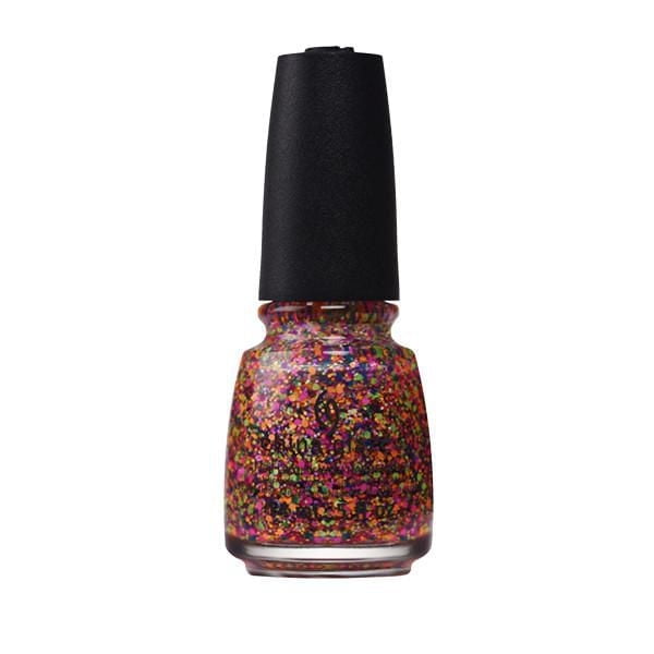 China Glaze - Point Me To The Party - 0.5Oz nail polish with a bright fuchsia-pink base packed with multicolored holographic glitter sequins of varying sizes in a clear glass bottle topped with a black matte cap, suitable for festive manicures or layering over other varnishes for extra sparkle.