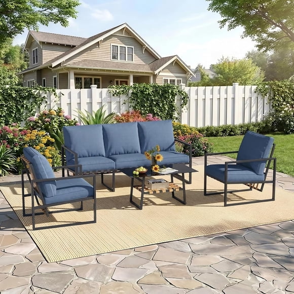 AECOJOY 4-Piece Outdoor Patio Furniture Set, 3-Seater Sofa & 2 Armchairs with Glass Coffee Table, Metal & Faux Rattan Slat Lounge Set for Garden, Balcony & Poolside (Dark Blue)