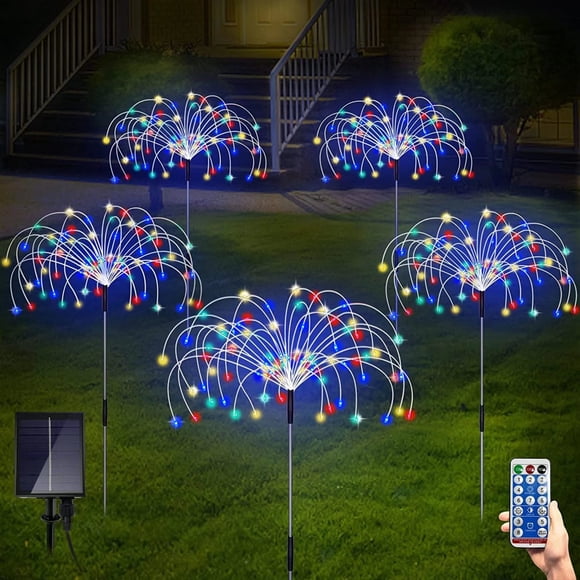 GRM Lot de 5 Lampes Solaires de Feu d'Artifice pour Pelouse Extérieure Lampe de Jardin Solaire avec Télécommande Étanche 8 Modes 120 DEL