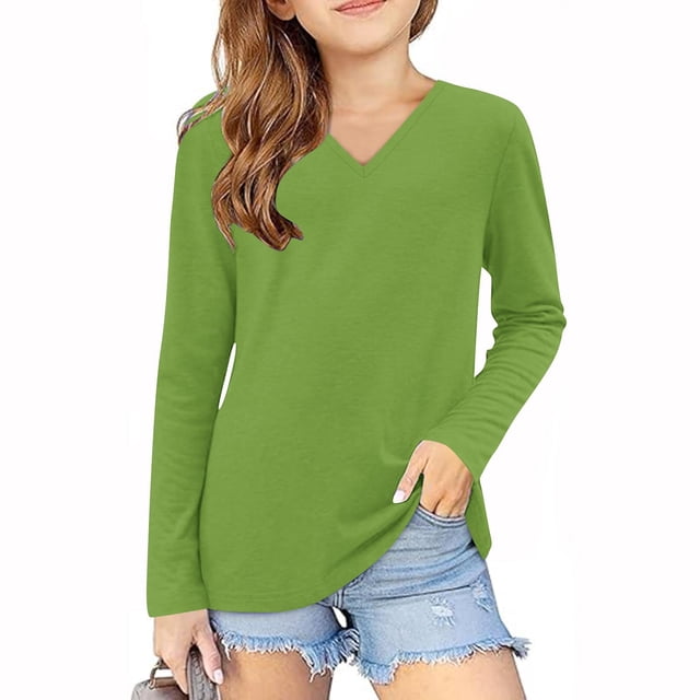 vdgthytj T-Shirts à Manches Longues pour Garçons et Filles, Col en V, Couleur Unie, Basiques, Automne Printemps