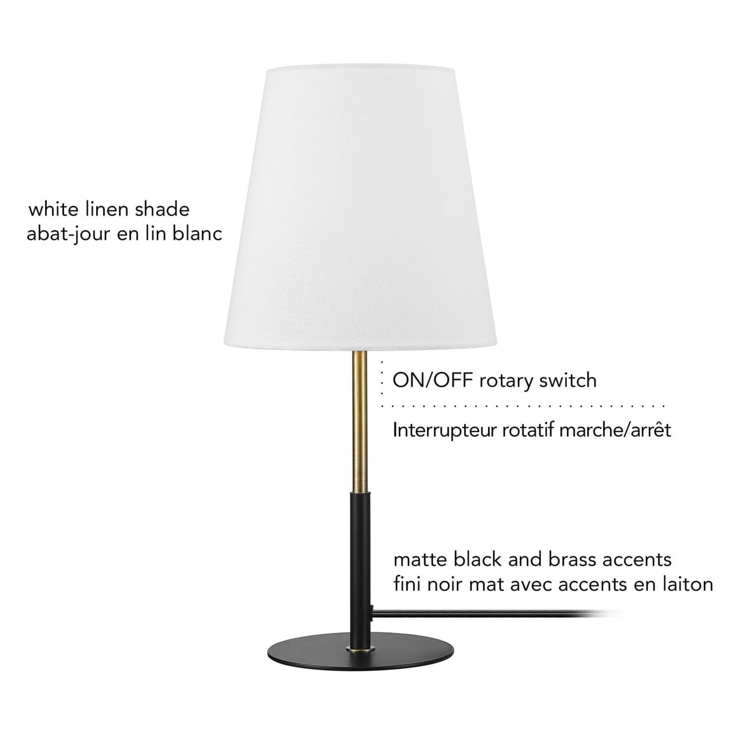 16" Matte Black Table Lamp with Brass Accents and White Linen Shade<br>