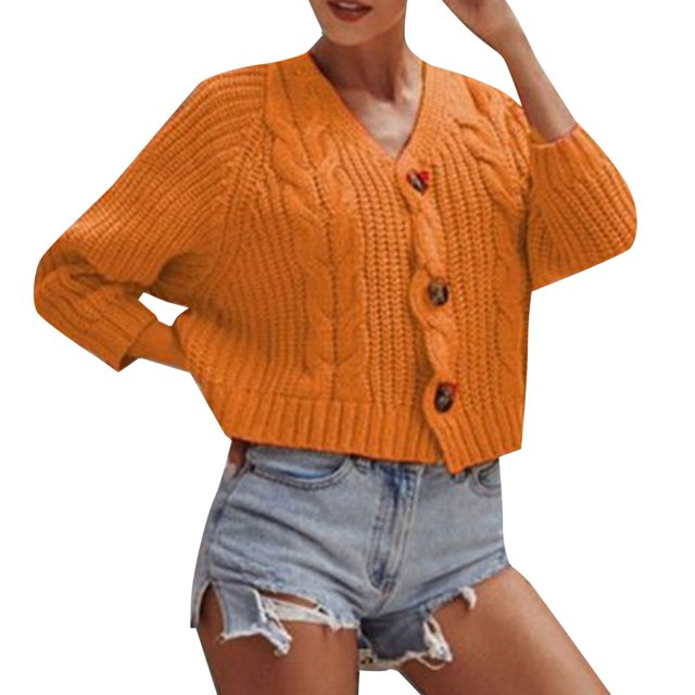 Baberdicy Cardigan Sweater Ladies Solid Color Button Sweater Knit Cropped Loose Cardigan Women's Cardigans Orange