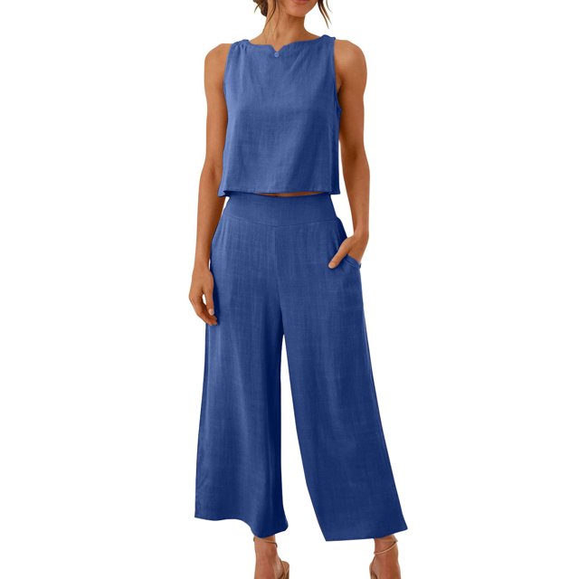 Mgmyaa Womens Summer 2 Piece Outfits Linen Crop Tank Tops Lounge Matching Sets & Long Track Pants Tracksuits