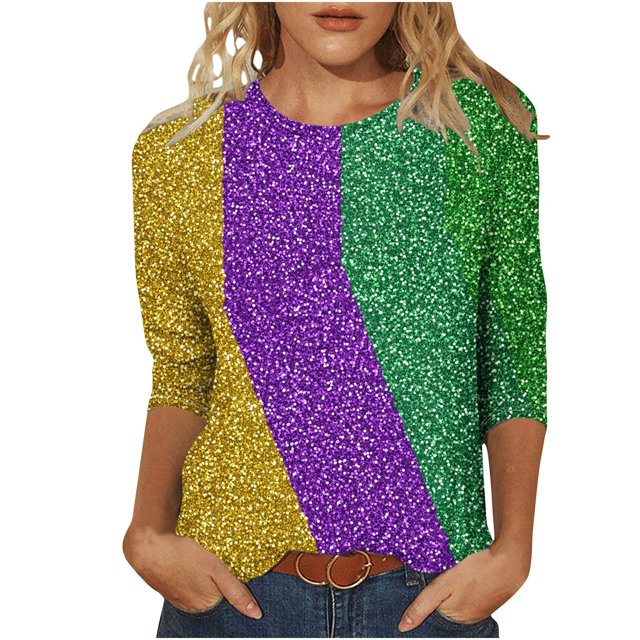 Penkiiy 2024 Chemise Manches 3/4 Mardi Gras Blouse Fantaisie pour Femmes Tunique à Imprimé Masque de Carnaval Fête à Thème Col Rond T-Shirt L Multicolore