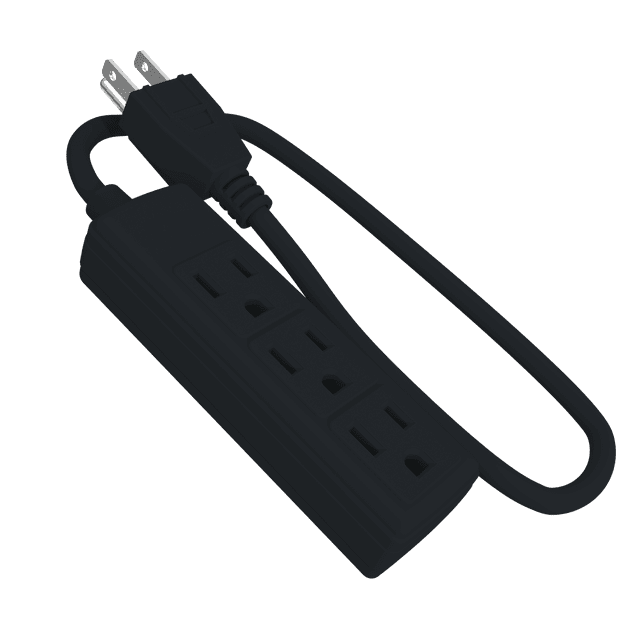 Hyper Tough 3-Outlet Power Strip Black with three grounded outlets, mounting keyholes, and a 1.5-foot 16/3 AWG cord, shown in a front angled view with a black matte finish, ideal for indoor extension cord use and suitable for powering multiple devices safely.