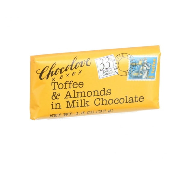 Chocolove Xoxox Premium Chocolate Bar - Milk Chocolate - Toffee and Almonds - Mini - 1.3 oz Bars - Case of 12