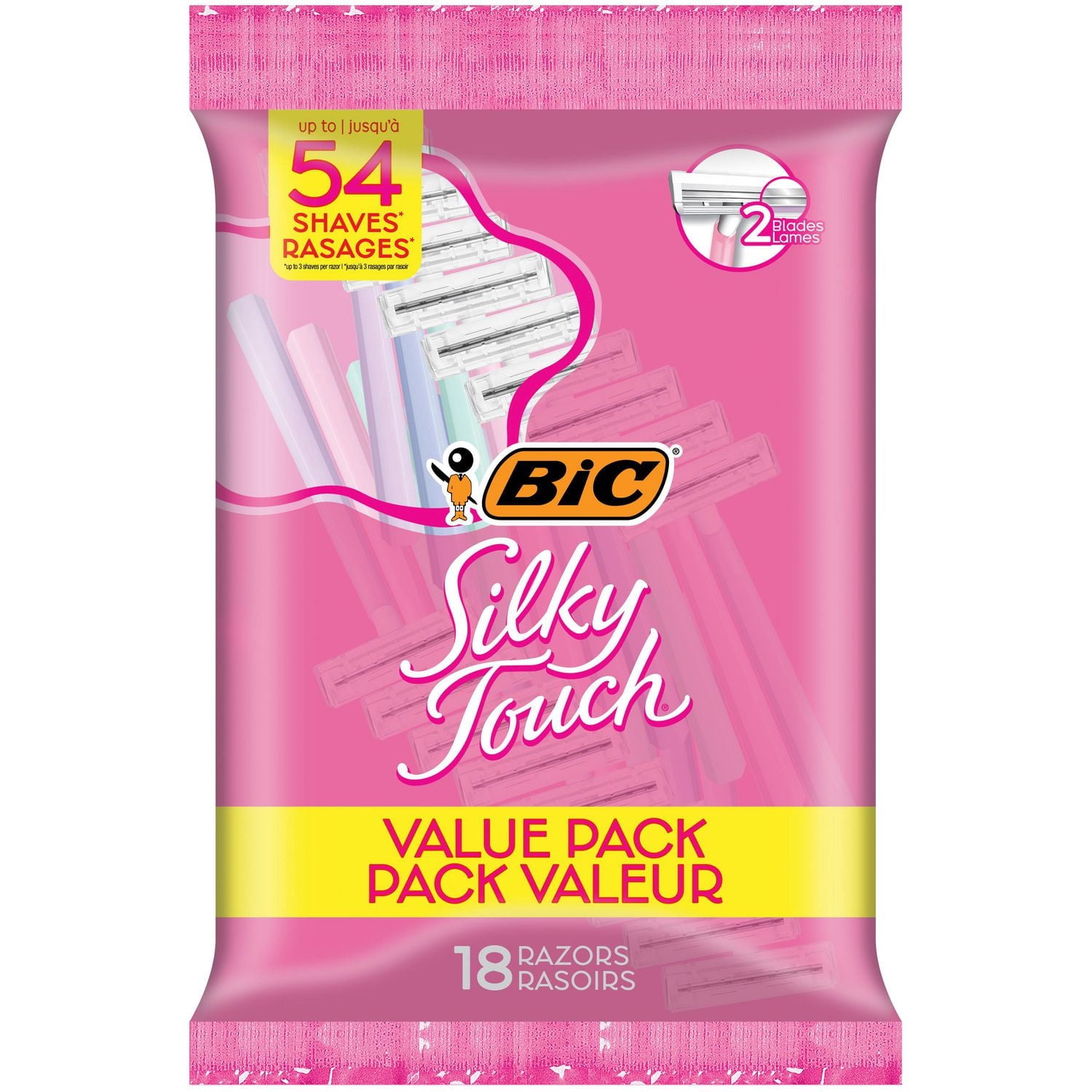 BIC Silky Touch Les Rasoirs Jetables pour Femmes, Avec 2 Lames, Jolis Manches Pastel, Paquet de 18 Rasoirs pour Raser