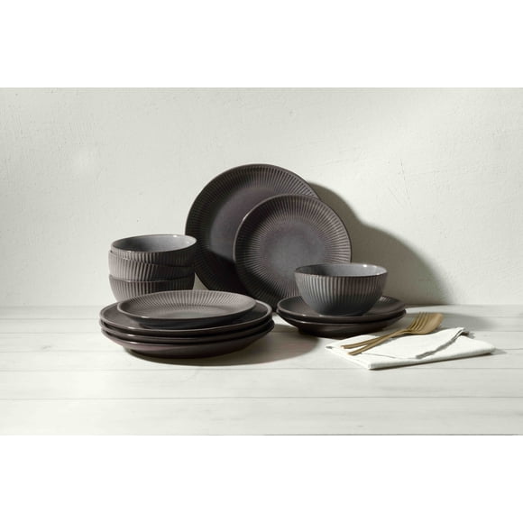 Better Homes & Gardens Sawyer 12-Piece Stoneware Dinnerware Set Grey