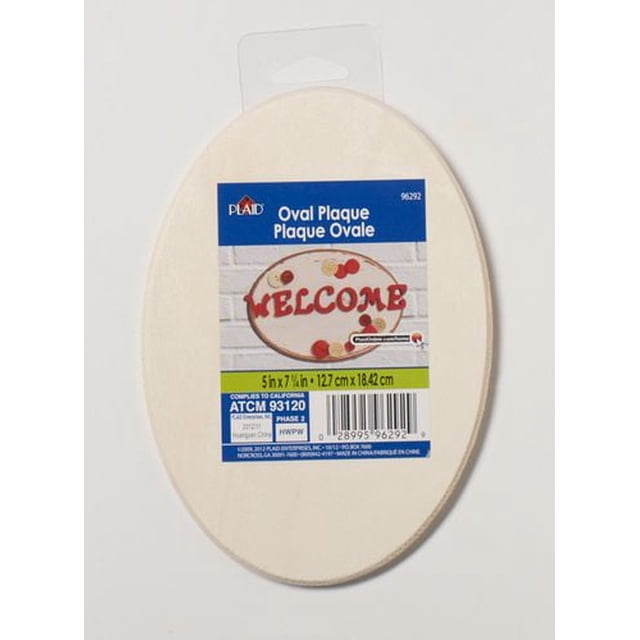 Plaid Wood Surfaces Oval Plaque, 1 piece, 5 in by 7.25 in, unfinished smooth wood oval craft plaque with a blue and white label showing a painted 'Welcome' example, ideal for decorative wood crafting and painting projects.
