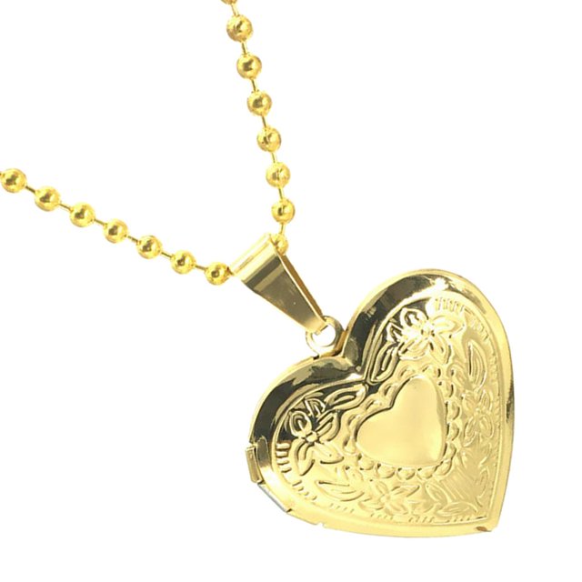 Pendentif Médaillon photo Ouvrable en Acier Inoxydable Plaqué, Collier Souvenir, Cadeau Commémoratif en Forme de Cœur Doré, Mesurant 29x28 mm. Fabriqué en Acier Inoxydable de Haute Qualité, Résistant à la Rouille, à la corrosion et à la Décoloration. Présente une Élégante Gravure Florale et un Détail central en Cœur Lisse. le Pendentif Peut Être Ouvert pour Insérer une photo, en Faisant un Bijou Personnalisé. Montré avec une Chaîne Boule Ton Or Assortie.
