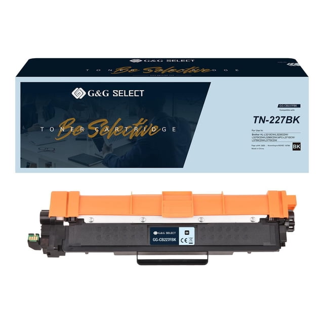 G&G Select Brother TN-227 High Yield Remanufactured Black Toner Cartridge displayed with its packaging box. The black cartridge has an orange protective cover and a GG-CB227FBK label. The box shows compatibility with Brother printers and highlights high yield and remanufactured quality, ideal for reliable printer supplies.