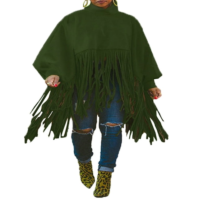 Womens Turtleneck Fringe Tops Solid Color Batwing Sleeve Plus Size Poncho Oversized Tassel Sweatshirt