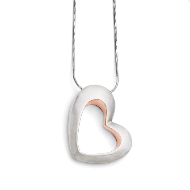 Collier Cœur en Acier Inoxydable Brossé & Rose Plaqué IP 17.5 Pouces