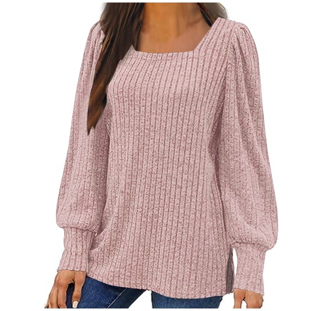Meichang Women Tops Plus Size Square Neck Puff Long Sleeve Shirts Ribbed Knit Pullover Solid Loose Fit Side Slit Hem Blouses Business Casual Spring Tops