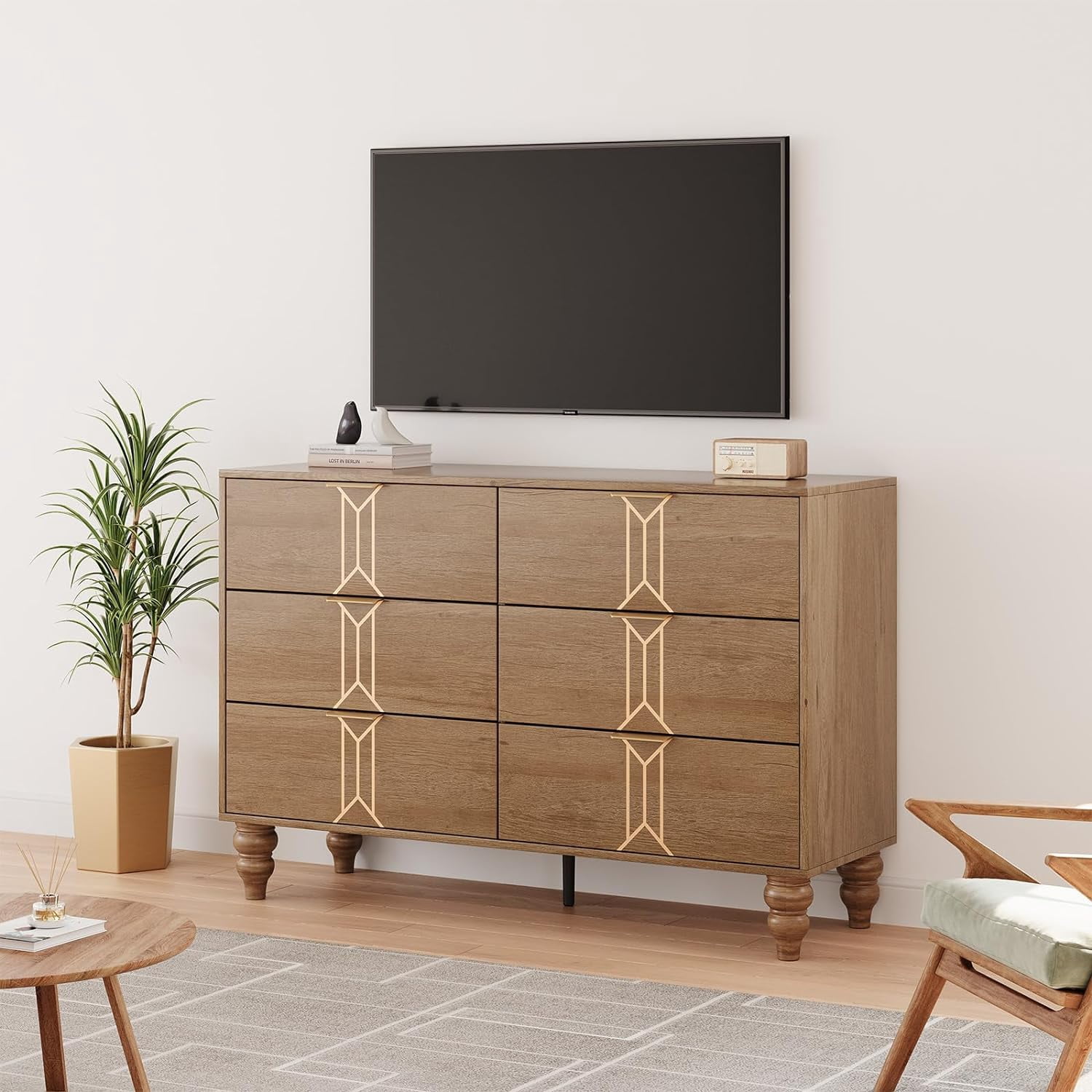 Modern 6-Drawer Wood Dresser with Vintage Pattern, Oak and Gold Chest with Deep Drawers for Bedroom, Living Room & Entryway
