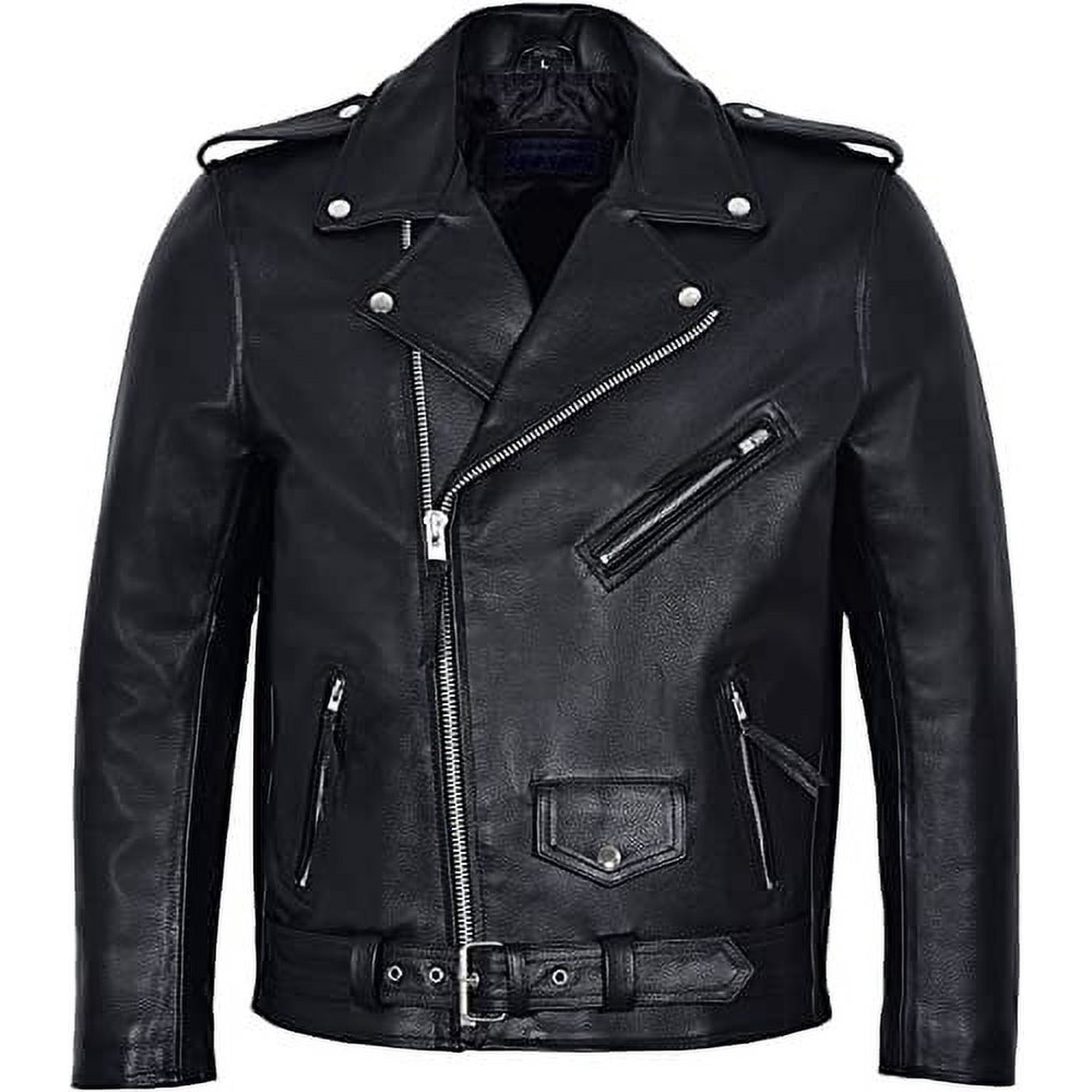 Black Biker Leather Jacket With Notched Lapels And Waist Belt Mens