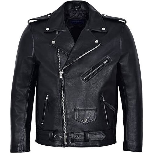 Black Biker Leather Jacket With Notched Lapels And Waist Belt Mens Black Leather Motorcycle Jacket Black Leather Riding Jacket Double Rider size XXL