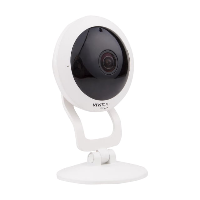Vivitar wide-angle view Wi-Fi Camera with a round white frame and black lens area on an adjustable white stand, providing full HD 1080p resolution, motion detection, and two-way intercom for smart home and pet monitoring.