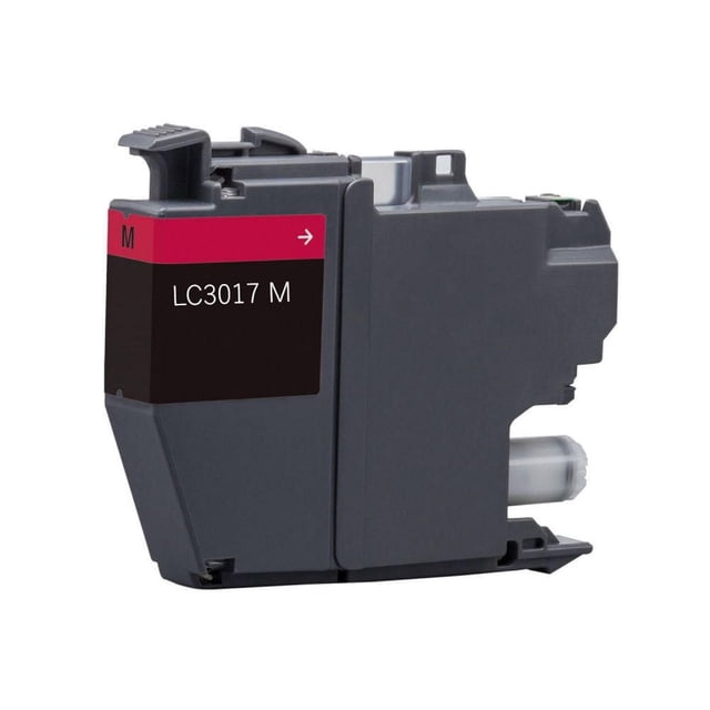 L-ink Compatible LC3017 Magenta Ink Cartridge (LC-3017) shown in a front-right angled view with dark gray plastic casing and magenta label marked LC3017 M, compatible with printers like MFC-J5330DW, delivering clear, crisp print quality and ISO certified performance, suitable for economical printing consumables.