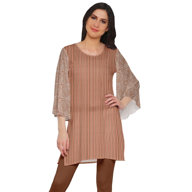 Moomaya Robe Kurti Courte Indienne Imprimée Tunique en Poly-Crêpe Robe Mini à Col Rond