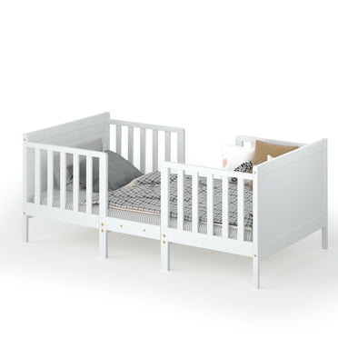 Gymax Lit pour Tout-Petit Convertible 2-en-1 Meubles de Chambre pour Enfants en Bois avec Garde-Corps Blanc