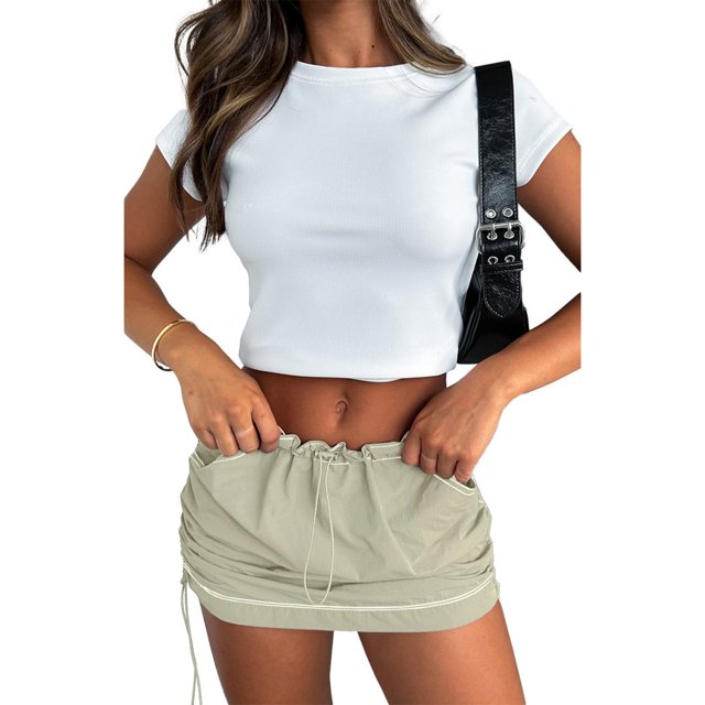 Womens Low Waist Cargo Skirt Ruched Drawstring Mini Short Skirts with Pockets