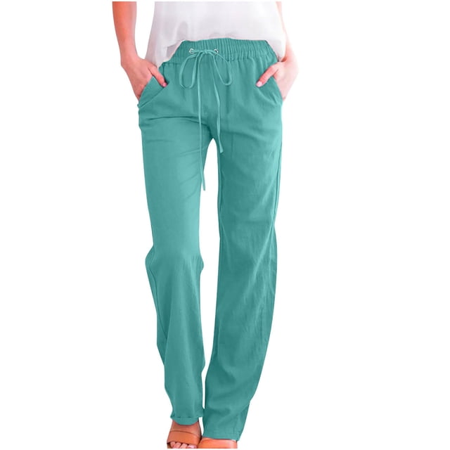 Dealovy Womens Cotton Linen Pants Elastic High Waist Drawstring Solid Color Casual Summer Lounge Trousers